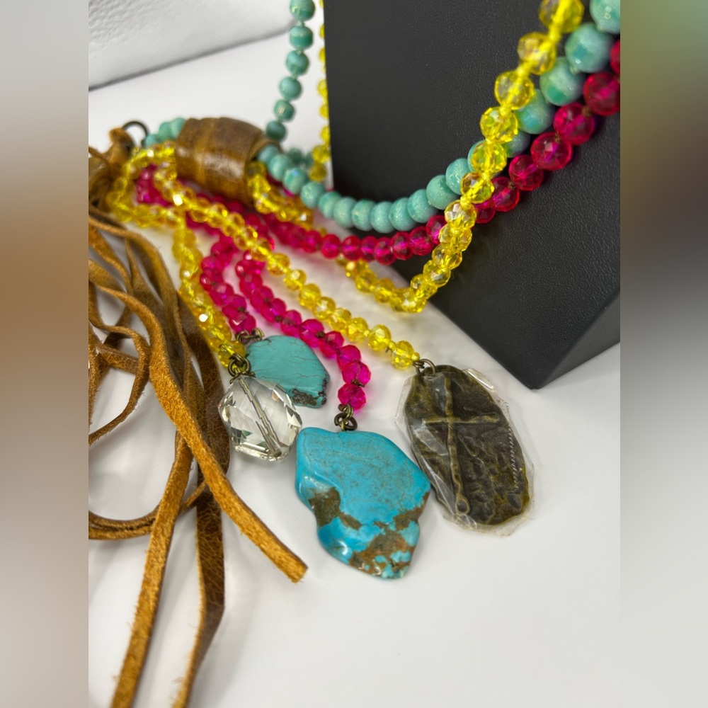 New Vibrant Gemstone and Leather Bohemian Necklace
